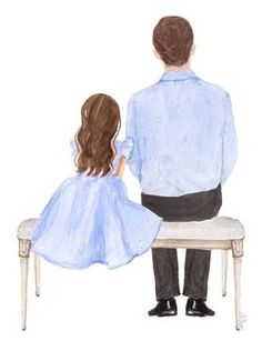 a watercolor painting of a father and daughter sitting on a bench looking at each other