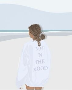 a painting of a girl standing on the beach with her back turned to the camera