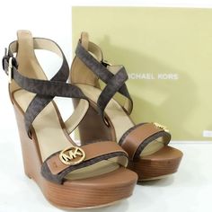 Nib Michael Kors Heels Brown Size 8m Michael Kors Brown Platform Sandals, Michael Kors Brown Wedge Heel Sandals, Michael Kors Brown Sandals With Round Toe, Michael Kors Brown Round Toe Sandals, Michael Kors Synthetic Heels With 4-inch Heel, Michael Kors Brown Wedge Heels, Michael Kors Brown Leather Heels, Chic Brown Michael Kors Sandals, Michael Kors Brown Platform Heels