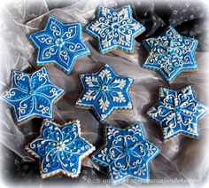 blue and white decorated sugar cookies in a plastic bag