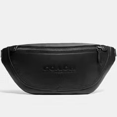 a black leather fanny bag on a white background