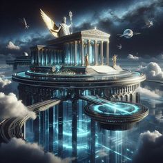 an image of a building with angel statues in the sky above clouds and planets around it