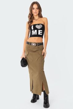 Maxi skirt Low rise waist Front pocket detail Zip front slits Back Slit Cargo fabric 100% Cotton Model wears size S Model height is 5'7 Item care: Wash with similar color Cargo Skirt Outfit, Low Rise Skirt, I Love Me, Maxi Styles, Swimwear Dress, Cargo Skirt, Cotton Maxi, Pocket Detail, Skirt Outfits