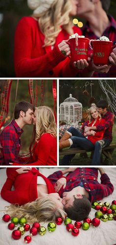 a man and woman sitting on a bench kissing in front of christmas decorations, while holding coffee mugs