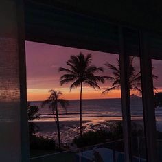 the sun is setting over the ocean and palm trees are seen through large glass windows