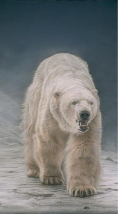 a large white polar bear walking across a snow covered ground