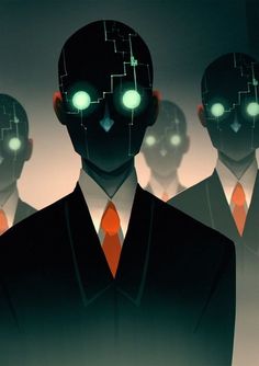 a group of men in suits with glowing green eyes