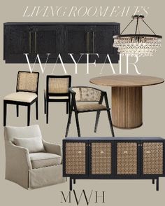 living room furniture and decor items with the words'wayfair'above them