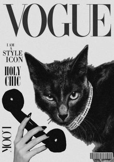 a black and white photo of a cat on the cover of a magazine with a woman's hand holding an object in front of it