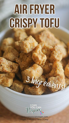 air fryer crispy tofu in a white bowl with the title above it