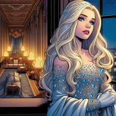 a beautiful blonde haired woman in a blue dress standing next to a window at night