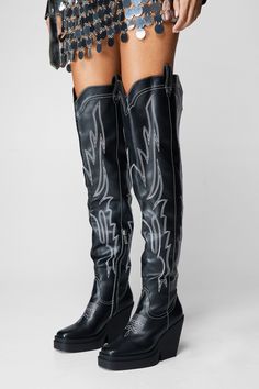 Step it up. Feel all the fun vibes in our thigh high boots, made in smooth faux leather, with embroidered detailing and chunky platform soles. Pairs well with anything from skirts to leather pants for looks that will take you from date days to nights out. Faux Leather Thigh High Platform Boots High Quality, Smooth Faux Leather Stellar Thigh High Length Statement Chunky Heels Fierce Platform Soles Contrasting Embroidered Detailing Inner Ankle Zip Fastening Thigh High Platform Boots, High Platform Boots, Fun Vibes, Boots High, Chunky Platform, Thigh High Boots, Platform Boots, Thigh High, Thigh Highs