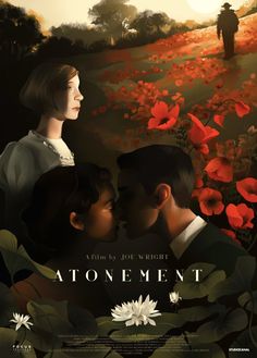 a movie poster for the film atonement with two people and flowers in the background