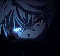 an anime character with blue eyes and black hair looking at the camera in the dark