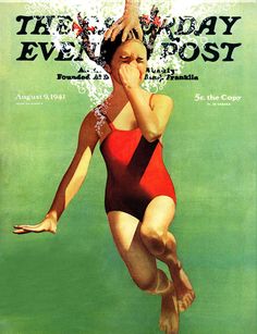 an advertisement for the saturday evening post featuring a woman in a red swimsuit diving