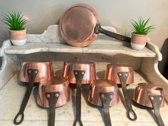 copper pots and pans are lined up on a marble shelf with succulent plants