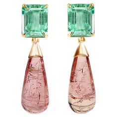 These contemporary transformer drop earrings are crafted from 18 karat yellow gold, featuring detachable natural pink tourmalines (0.8x0.3 inches, drop cut, totaling 16.4 carats) and natural emeralds (0.35x0.23 inches / 9x6 mm, octagon cut, totaling 3.46 carats). The earrings have a length of 1.6 inches. The drop design of these earrings exudes an oil painting renaissance charm, elevating any look with a touch of classic elegance. They are versatile, allowing you to wear them with or without the White Gold Drop Earrings, Casual Earrings, Tourmaline Earrings, Colombian Emeralds, Gold Halo, Diamond Drops, Gold Drop Earrings, Jewelry Inspo, Outfit Casual