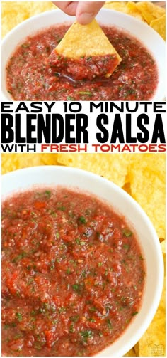 two pictures showing how to make homemade salsa with tortilla chips in the background