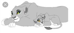 the lion and cub are laying down on each other's back, with yellow eyes