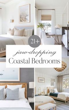 four pictures with the words coastal bedroom in white and gray colors, including bedding