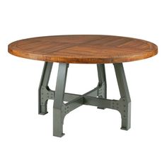 a round wooden table with metal legs and an oval wood top on a white background