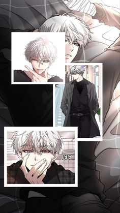 an anime character with white hair and black clothes, in four different frames on the same page