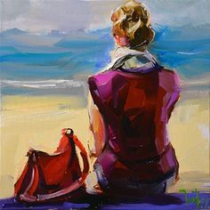 a painting of a woman sitting on the beach