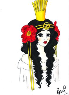 a drawing of a woman with long hair wearing a crown and holding a red flower