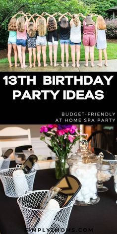 a birthday party with champagne bottles and wine glasses in front of the image is an advertisement for