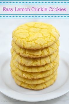 lemon crinkle cookies on a white plate with the words easy lemon crinkle cookies