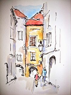 a drawing of two people walking in front of a building with red roof and windows