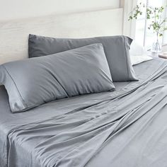 We've combined all the things you love about linen with all the benefits of rayon from bamboo in these luxurious sheet sets. A cozy combination, these two fabrics complement each other and are lightweight and soft to the touch. They allow for a cooling night sleep in the summer, yet still, keep you warm on those cold nights. With our sheets, you won't have to compromise softness for durability. Linens & Hutch Color/Pattern: Gray, Size: California King Sheet Set with 2 Pillowcases | Linens & Hutc Cameron Gray, Bed Sheets Set, Hotel Sheets, Bamboo Sheets, High Quality Bedding, Sheet Sets Full, Twin Sheets, Twin Sheet Sets, Linen Sheets