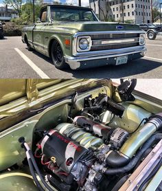 an old green truck with the engine in it's bed and another photo of its hood up