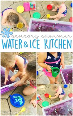 a collage of photos showing how to use water and ice in an outdoor play area