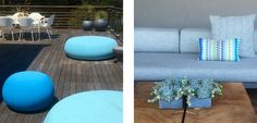 two pictures side by side, one is blue and the other has white furniture