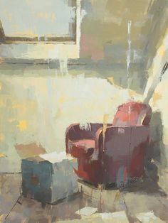 an abstract painting of a red chair and footstool in front of a window