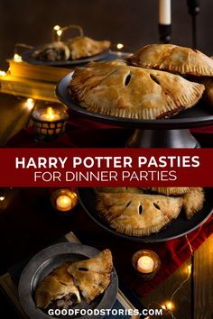 platters of beef filled Cornish pasties with spooky candles and lighting Harry Potter Shepards Pie Recipe, Easy Cornish Pasties, Easy Harry Potter Dinner, Wizarding World Food Recipes, Harry Potter Meat Pies, Harry Potter Christmas Food Ideas, Harry Potter Feast Ideas, Harry Potter Thanksgiving Food