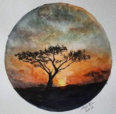 a painting of a tree with the sun setting in the background