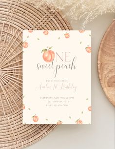 a card with an apple on it and the words one sweet peach written in cursive font