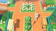 an animal crossing game is shown in the middle of a park with flowers and benches