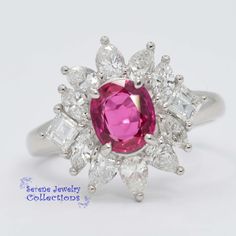 Beautiful pinkish red ruby set in platinum and adorned in many sparkling marquise diamonds! Ring Size: 6.5 Total Weight: 6.93 grams Precious Metal: Platinum Precious stones: -Ruby gemstone: 1.15 carats, 6.5mmx5.7mm -Diamonds total weight: 1.19 carats Hallmark: Pt900 115 D1.19 Luxury Marquise Ruby Ring With Diamonds, Gia Certified Marquise Diamond Ring Fine Jewelry, Classic Marquise Ruby Ring With Vvs Clarity, Luxury Marquise Red Ruby Ring, Luxury Red Marquise Ruby Ring, Elegant Marquise Ruby Ring With Vvs Clarity, Luxury Ruby Marquise Cut Rings, Pink Platinum Ruby Ring, Marquise Ruby Ring With Diamonds