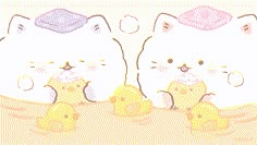 two white cats with yellow rubber ducklings in front of them, one has a pink hat on its head