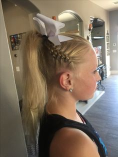 Competition Cheer Hairstyles, Cheer Competition Hairstyles With Bows, Cheer Hair High Ponytail, Cheer High Ponytail With Bow, Cheer Practice Hairstyles, Cheer Must Haves, Cheer Competition Hair