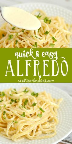 a white plate topped with pasta and parsley next to a spoon filled with sauce