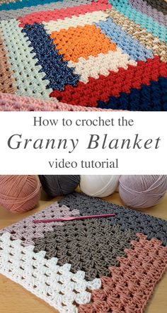 the crochet granny blanket is shown with yarn and balls of yarn in it