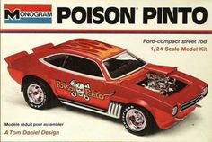 an advertisement for a model car that is red and has the words poison pinto on it