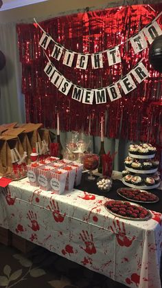 Nightmare On Elm Street Birthday Party, Scary Party Ideas Decoration, Paranormal Theme Party, Diy Spooky Party Decorations, Birthday Halloween Party For Adults, Diy Horror Birthday Party, Conjuring Theme Party, Halloween Themed Graduation Party, Horror Film Birthday Party