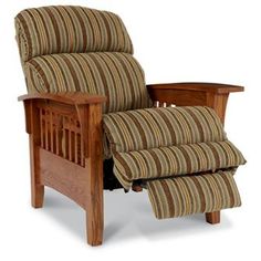 a wooden chair with striped upholstered fabric