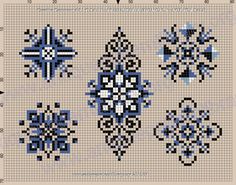 the cross stitch pattern is shown in blue and white, with four different designs on it