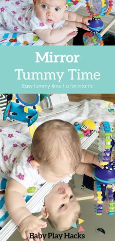 two baby babies playing with toys on the floor and in front of them is a blue sign that says mirror tummy time